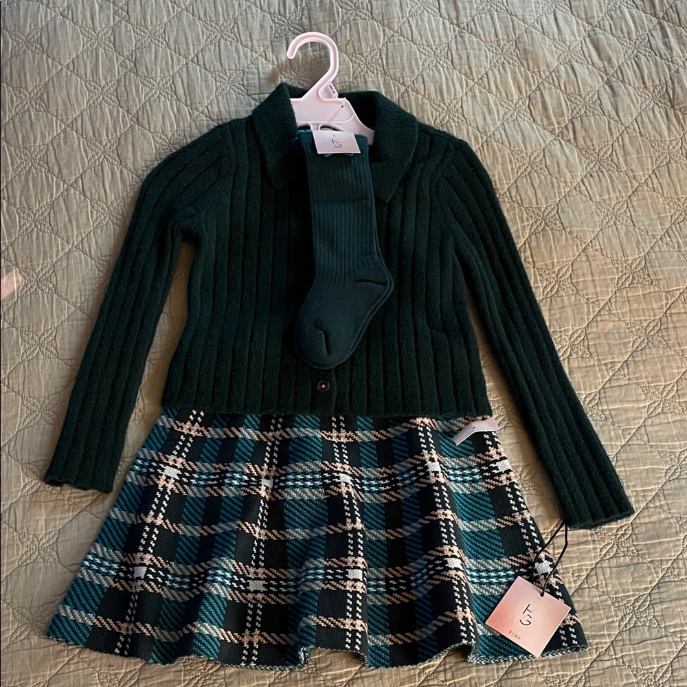 NWT, HAPPILY GREY Dark Green Ribbed Cardigan with Teal Plaid Skirt Set